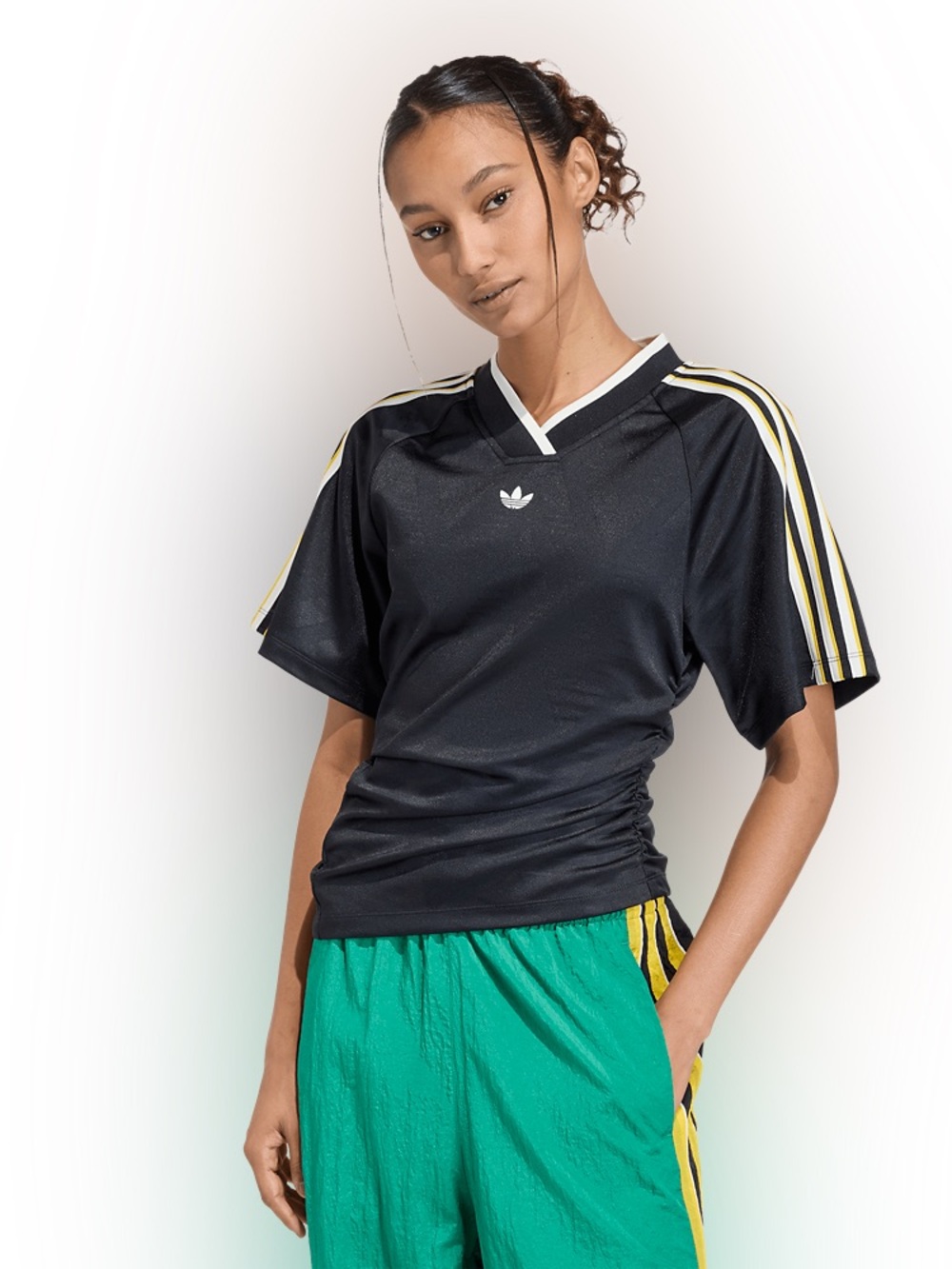 adidas Black V-Neck Jersey with Yellow Shoulder Stripes